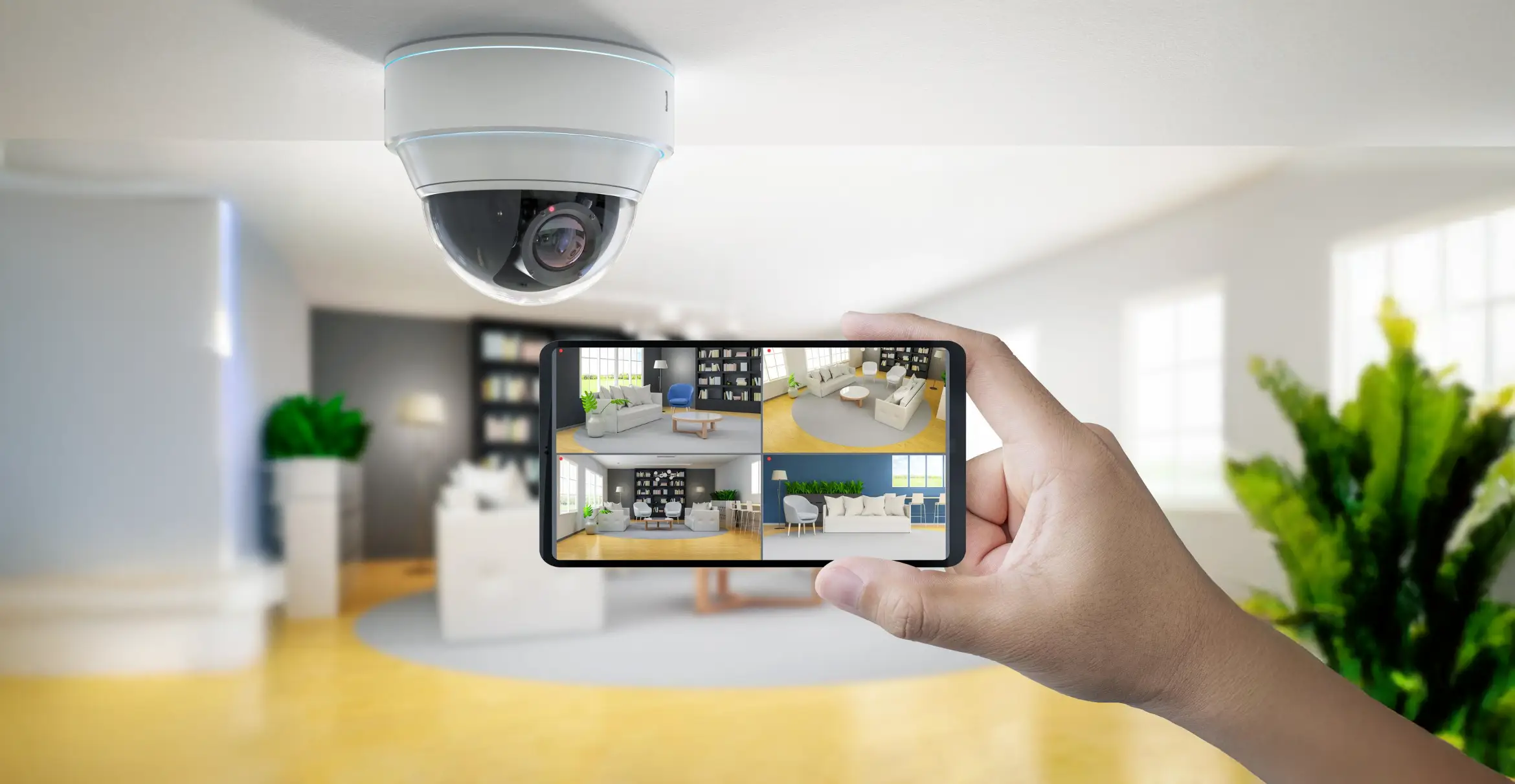Person monitoring home security camera on smartphone.