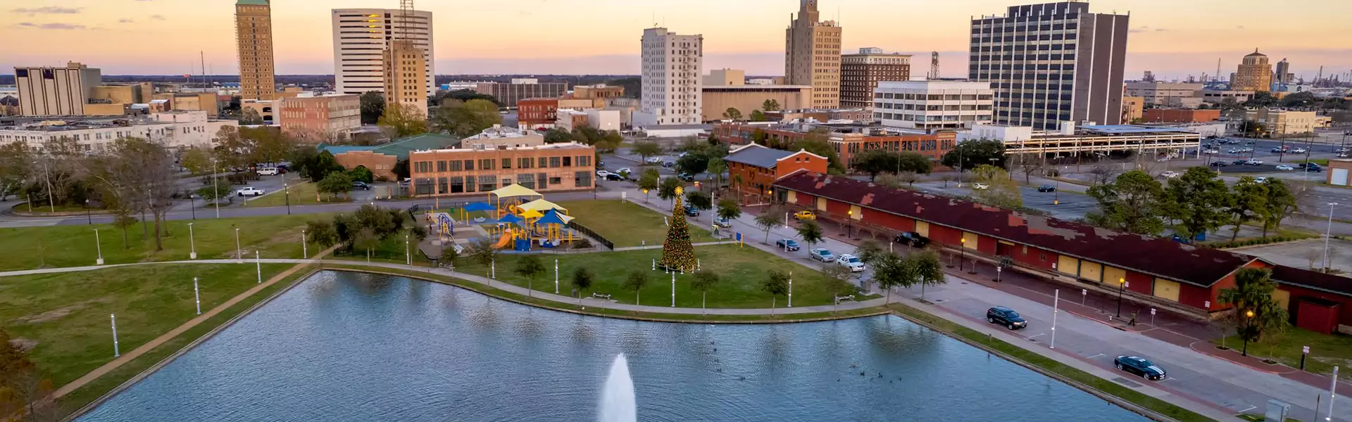Aerial view of urban park and skyline