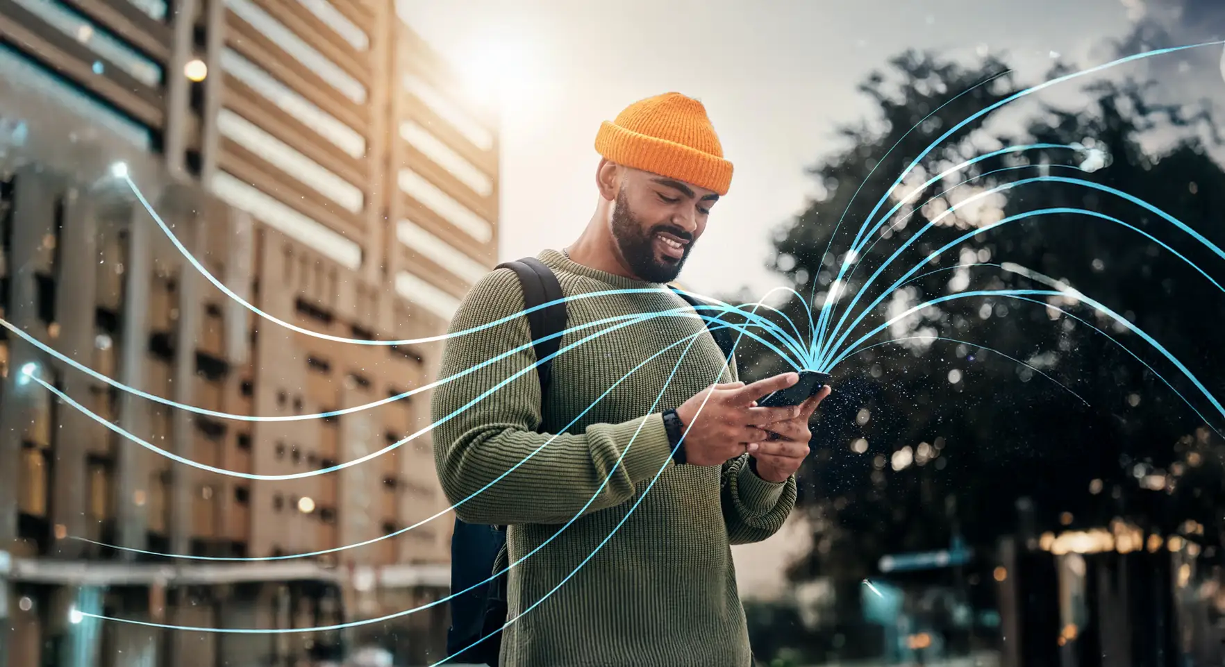 Man using smartphone outdoors with digital connections