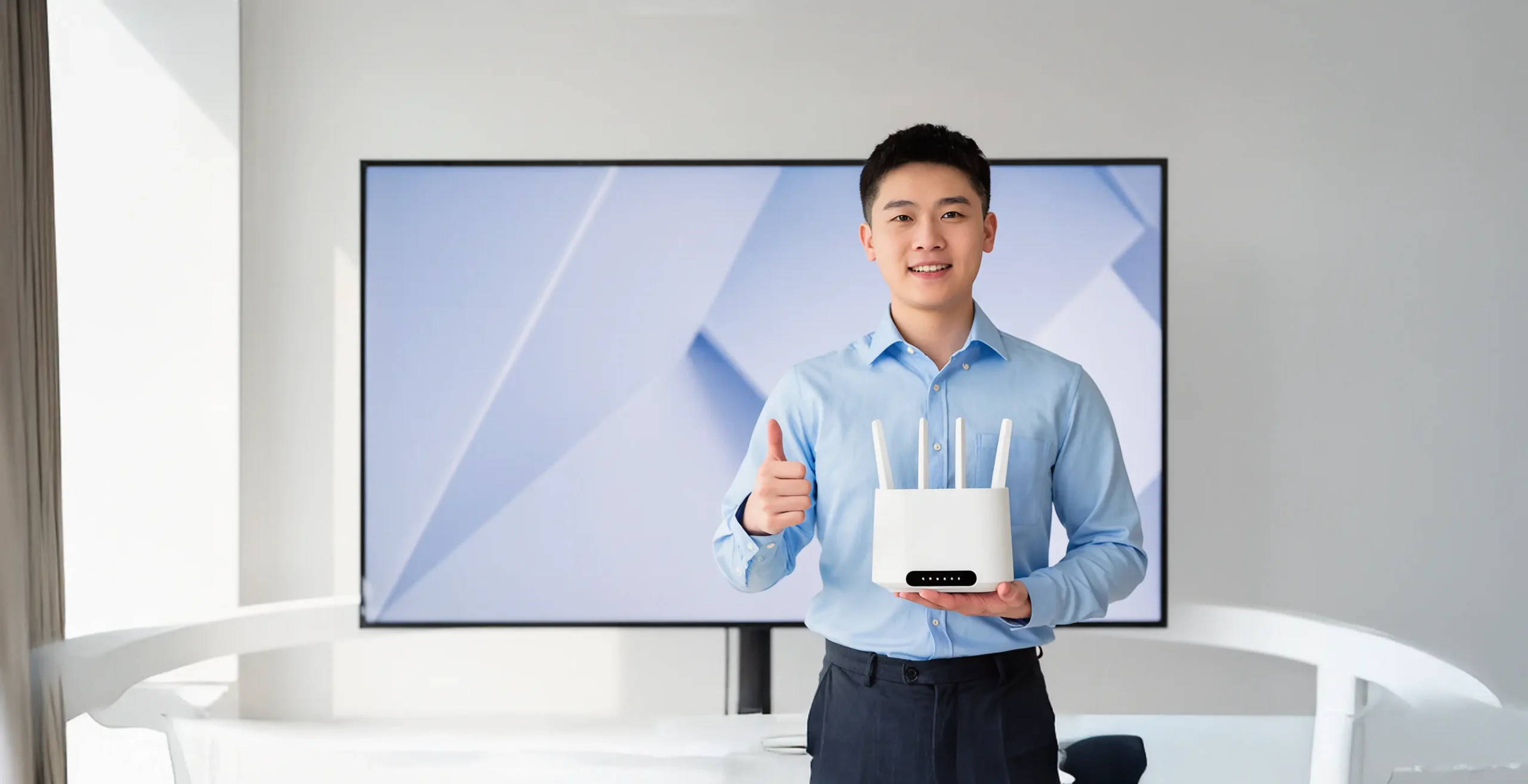 Man holding a router with a thumbs up.