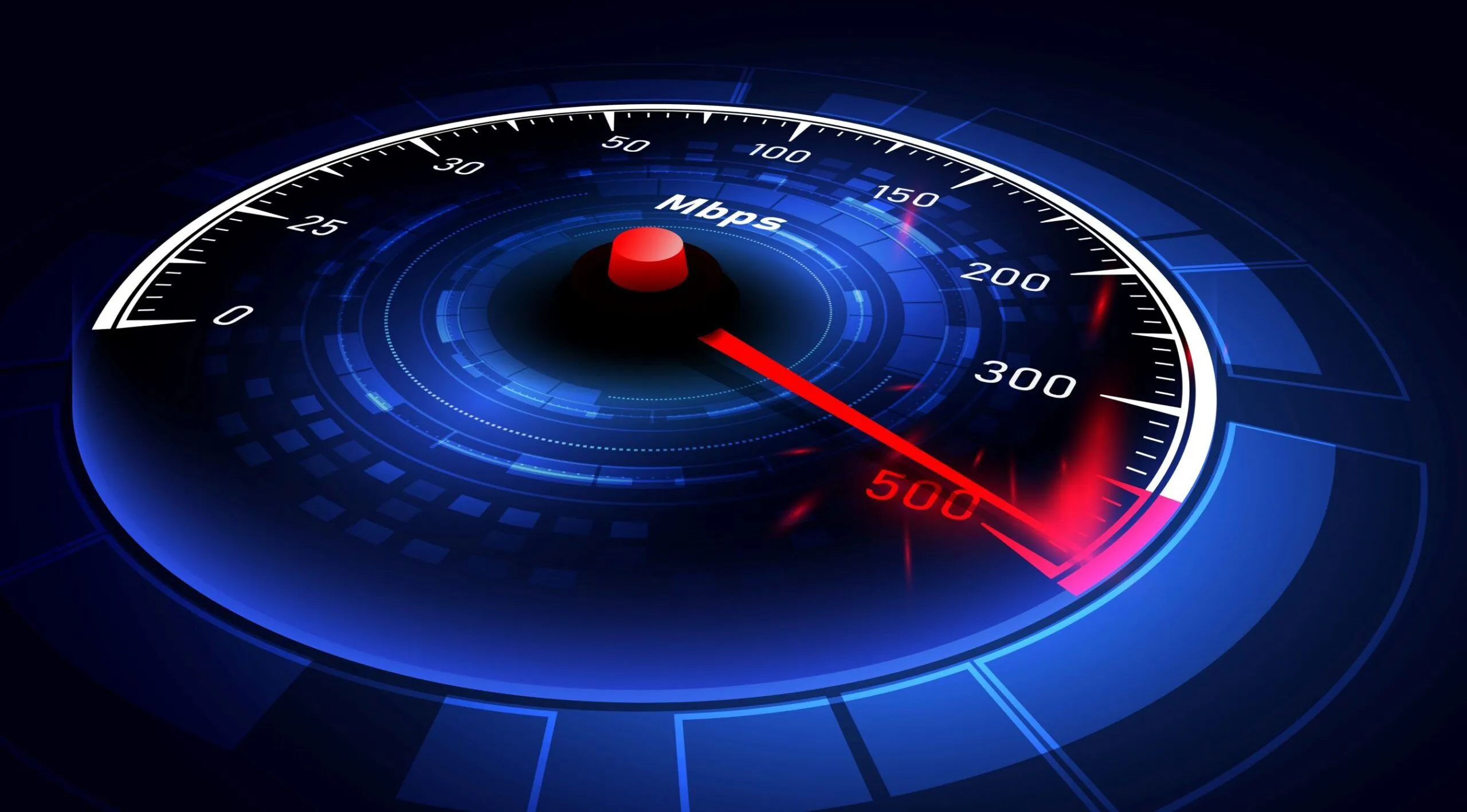 Speedometer graphic displaying internet speed in Mbps.