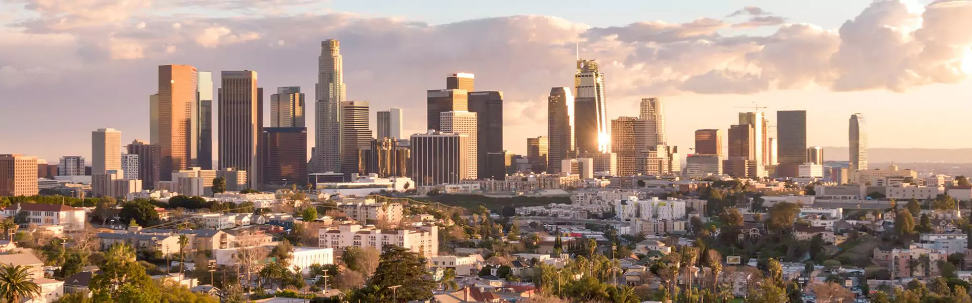 Panoramic view of Los Angeles skyline at sunset