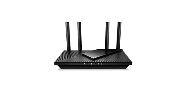 Black wireless WiFi router with four antennas