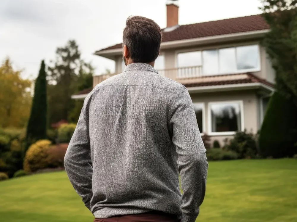 Man standing in yard facing a house.