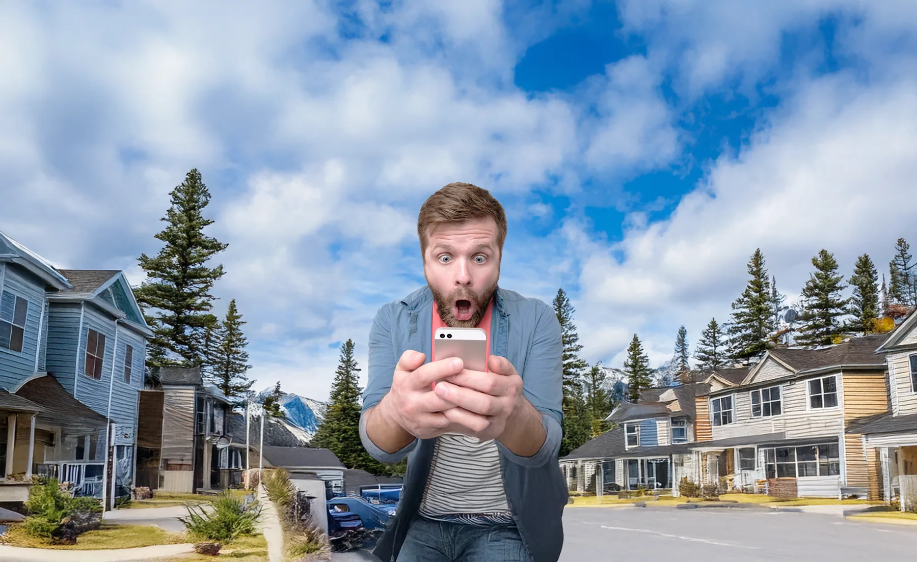 Excited man reacting while checking his phone outdoors.