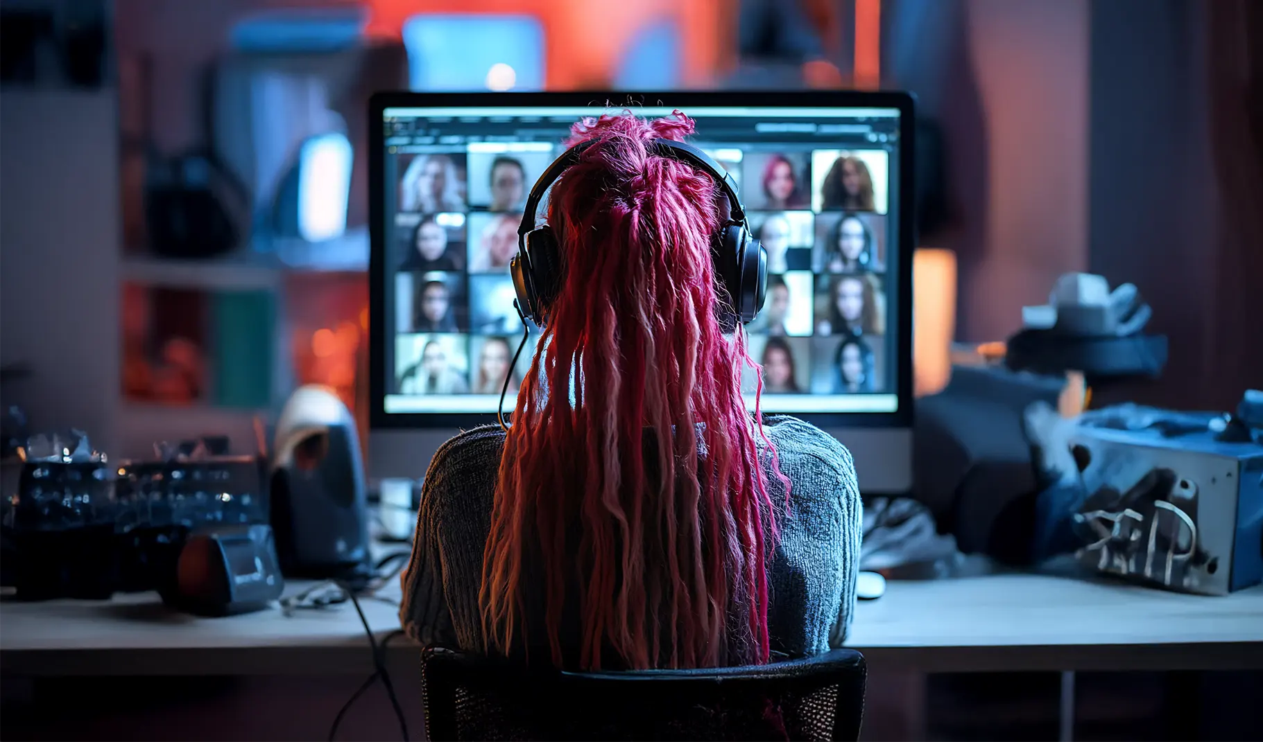 Person with colorful hair using a computer with headphones.